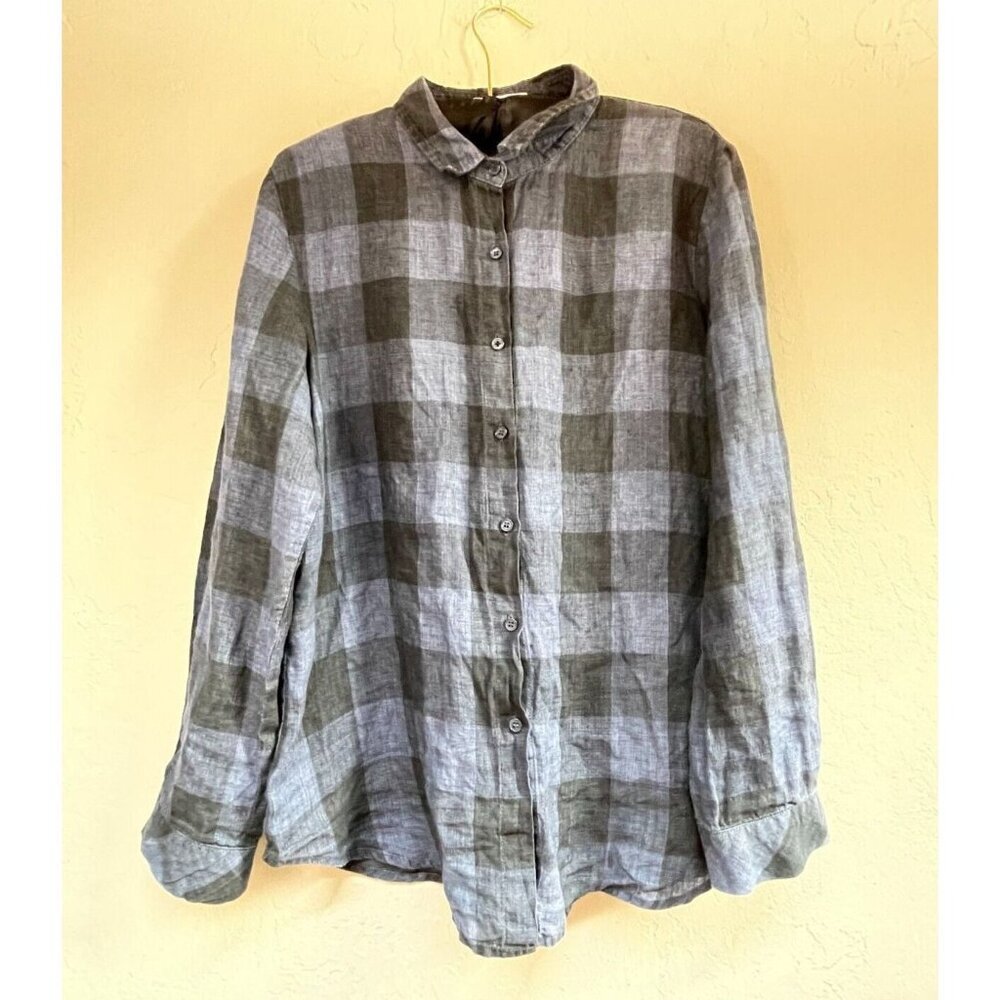 ID Womens Button Down Gray Buffalo Check Linen Shirt Top Long Sleeve Lightweight
